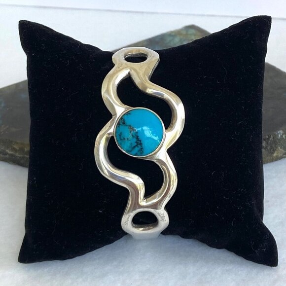 Taxco Sterling Silver Mexico Sandcast Turquoise Modernist Hinged Bangle Bracelet - Picture 2 of 16